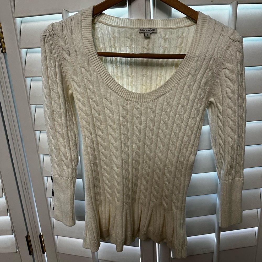 Boston Proper White Cable Knit Sweater